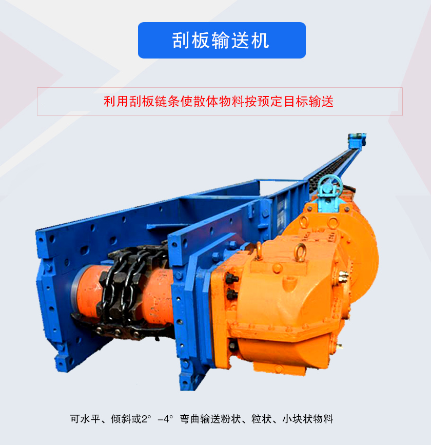 刮板輸送機采用刮板鏈牽引，可水平或傾斜輸送散狀物料，輸送距離長、密封性好無粉塵污染，功率消耗小